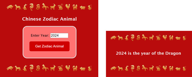 Express NodeJS App for Chinese Zodiac with year entry field on left and results page showing animal on the right